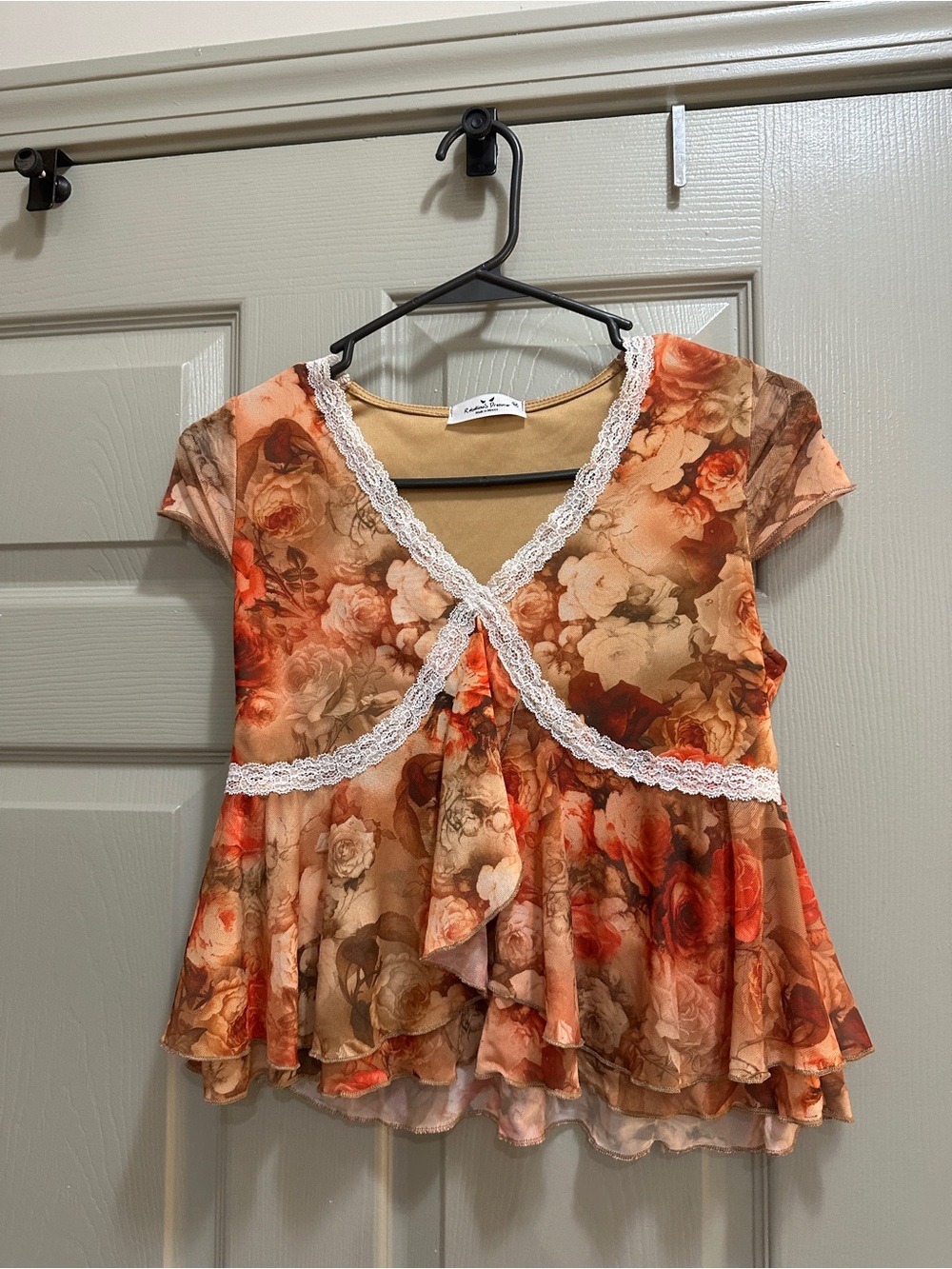 Y2K fairycore Lace-Trim Short Sleeve Peplum Top